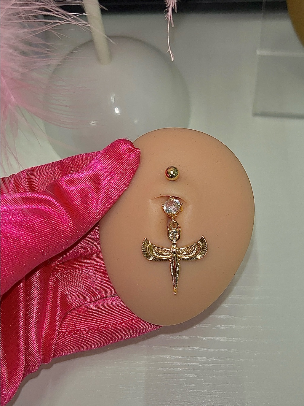 Gold Winged Dangle Belly Button Ring With Clear Gem